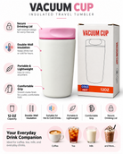 White and pink vacuum travel cup with box