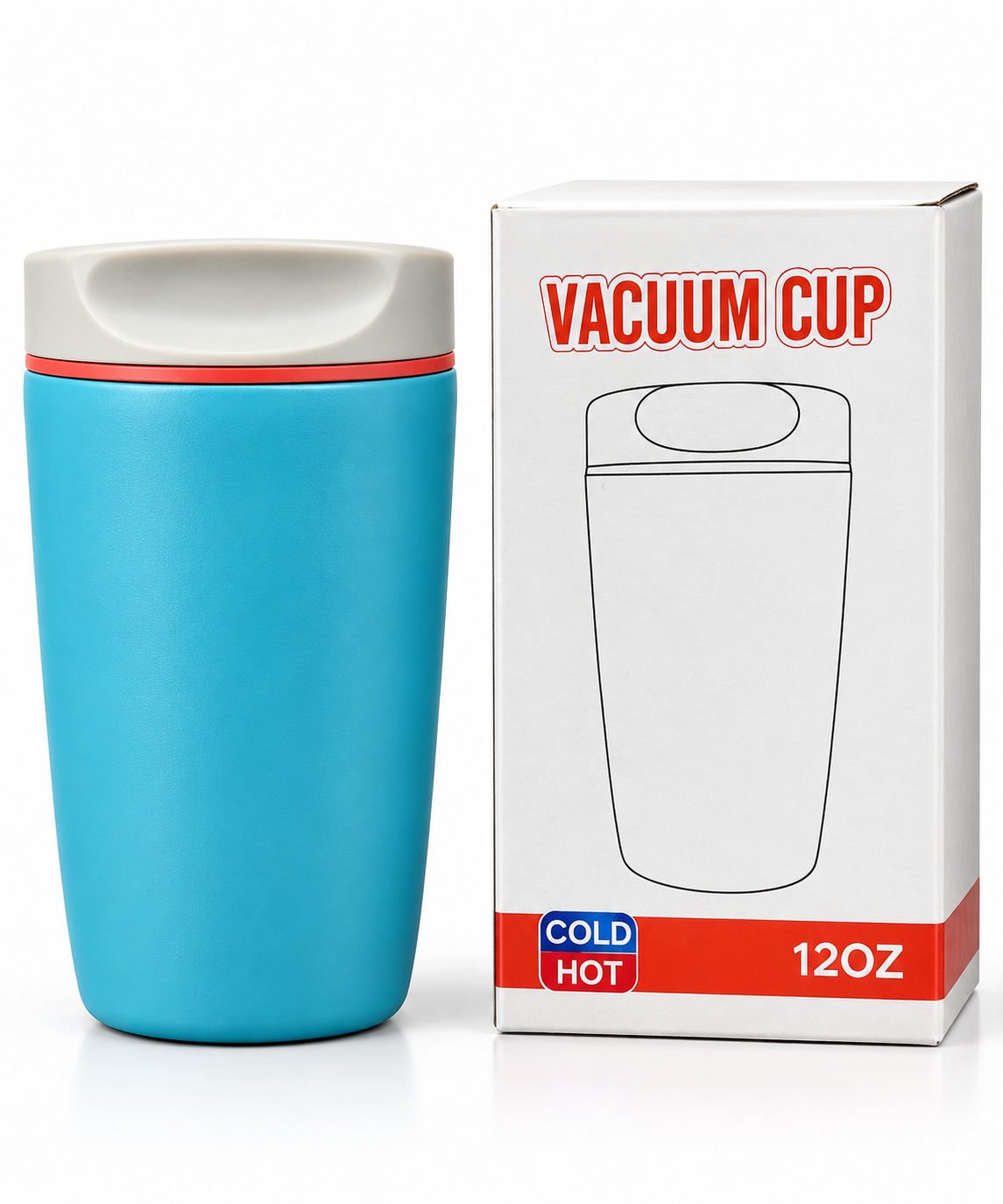 Blue vacuum travel cup and box