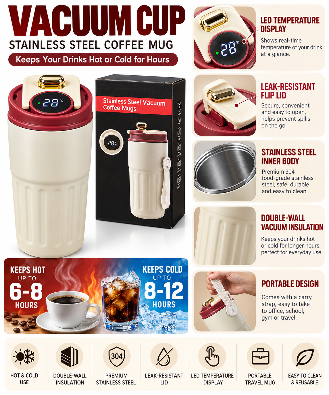 Cream and burgundy stainless steel vacuum coffee mug and box