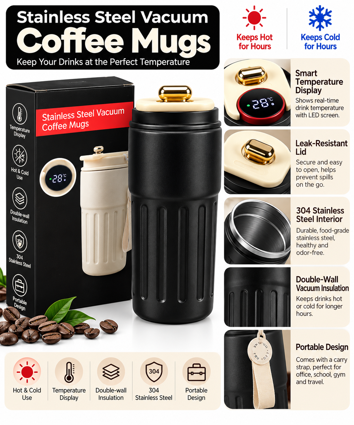Black stainless steel vacuum coffee mug with packaging