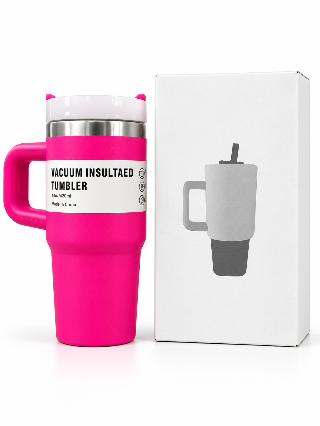 Hot pink vacuum insulated stainless steel tumbler with handle and gift box