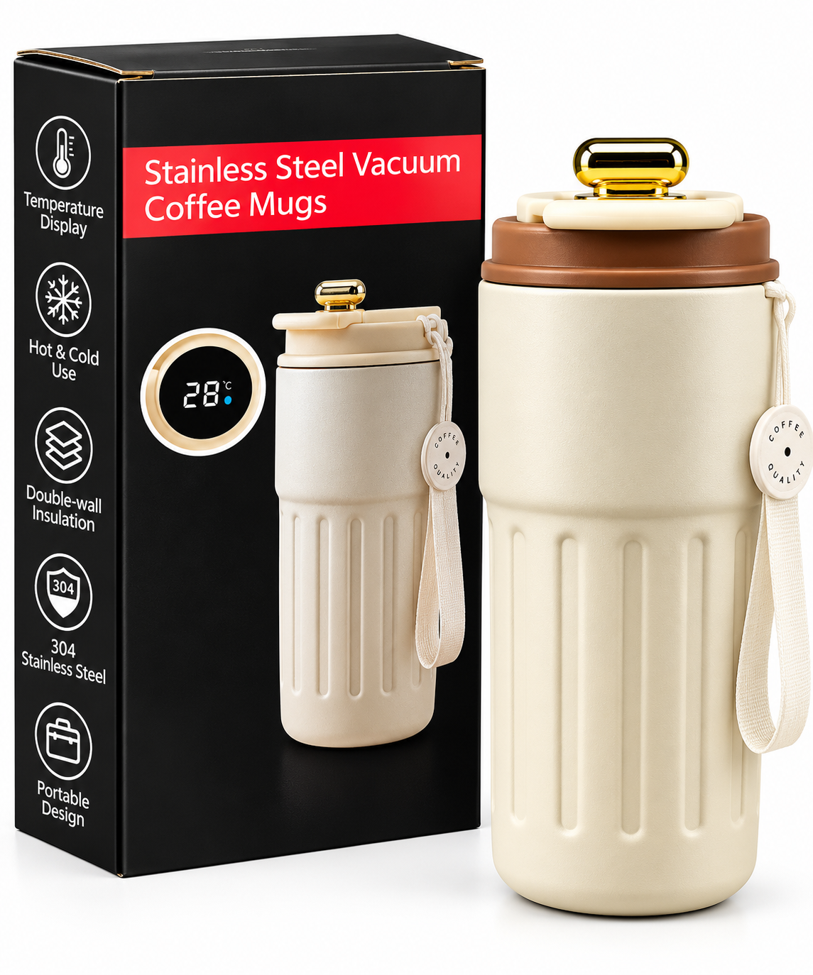 Cream and brown vacuum coffee mug features