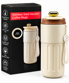 Cream and brown vacuum coffee mug features