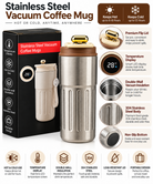 Silver stainless steel vacuum coffee mug with cream and brown lid and retail box
