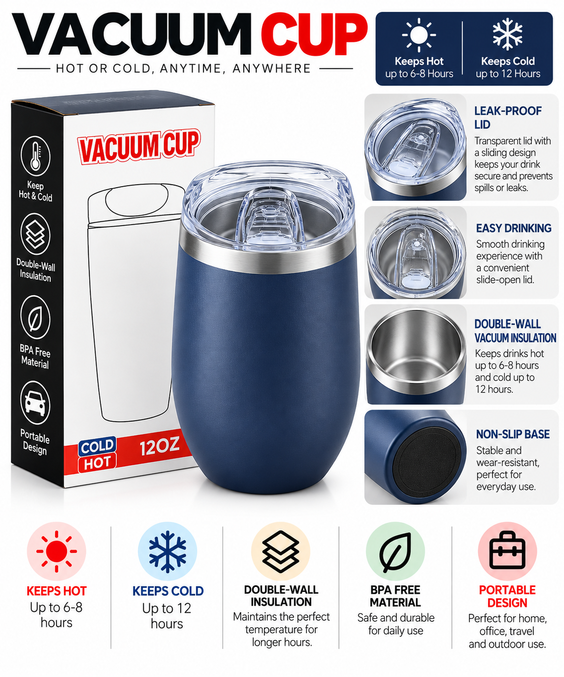 Navy blue vacuum cup with retail box