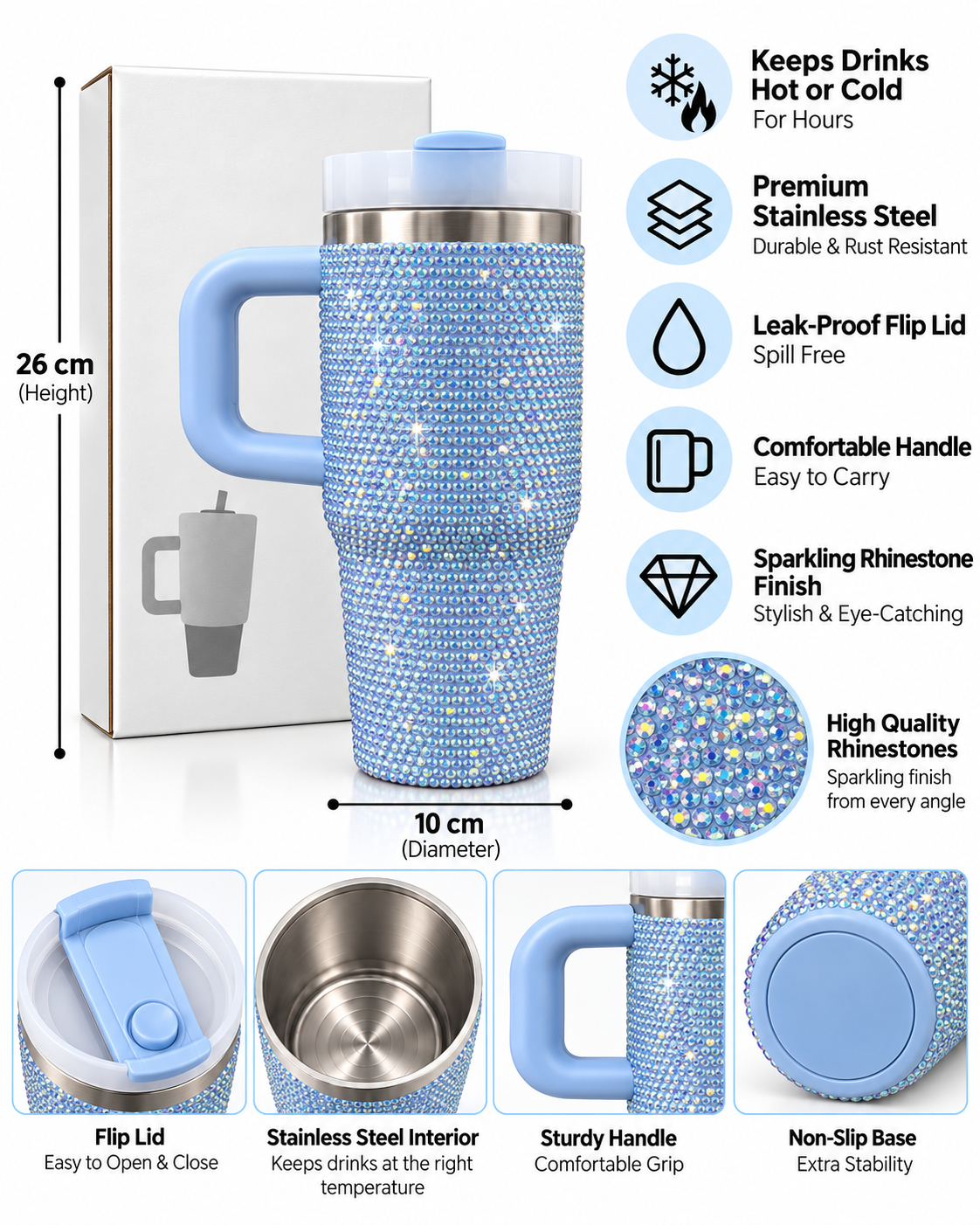 Baby blue rhinestone insulated tumbler features and dimensions