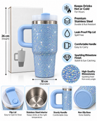 Baby blue rhinestone insulated tumbler features and dimensions