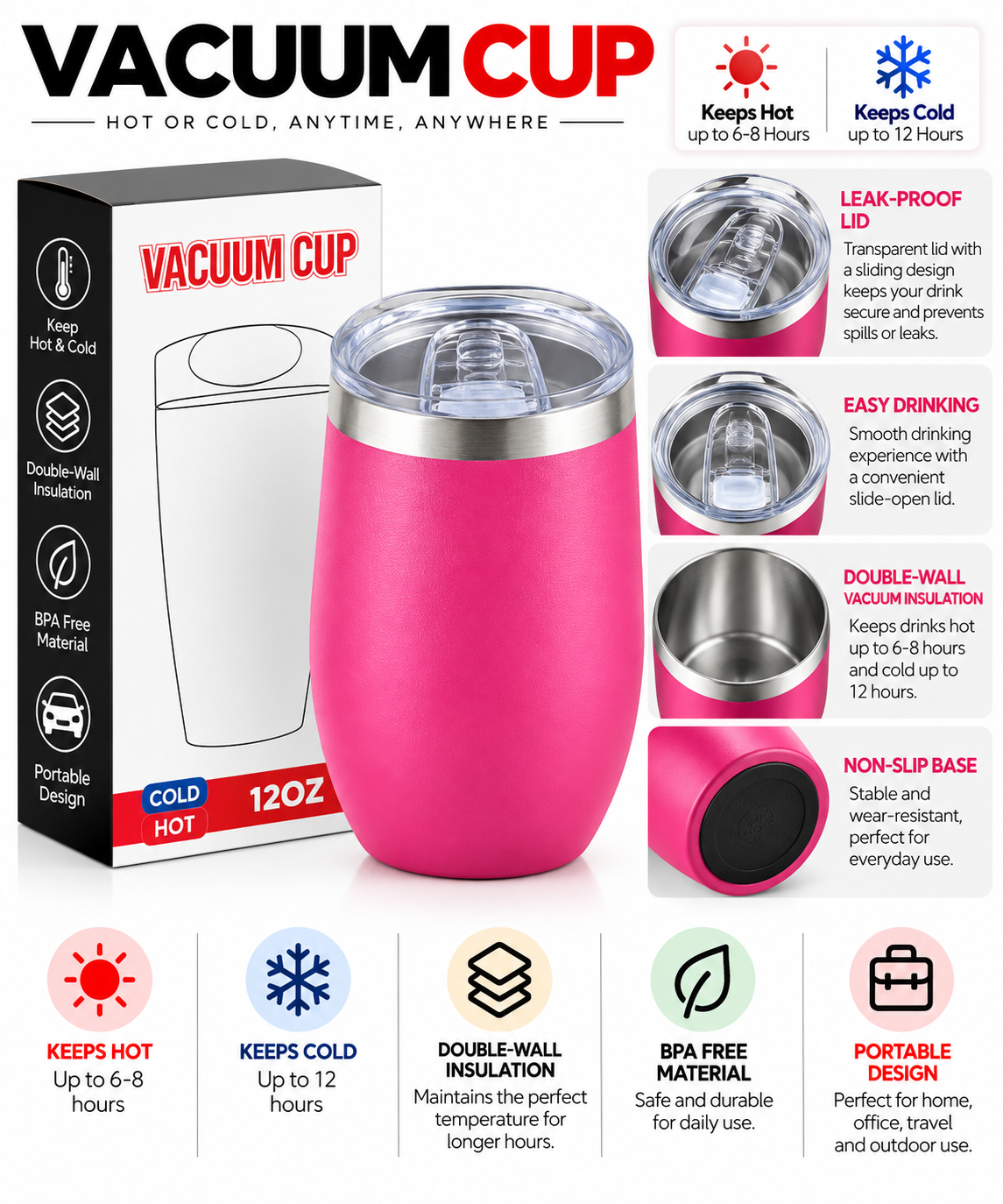 Pink 12oz vacuum insulated cup with sliding lid and box