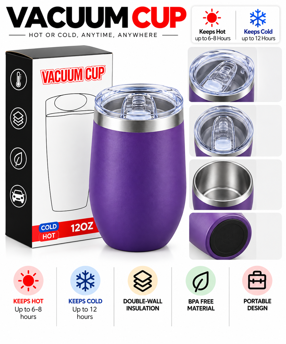Purple 12oz vacuum cup with transparent sliding lid and packaging