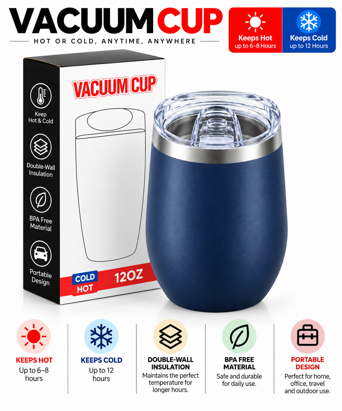 Navy blue 12oz vacuum insulated cup with clear sliding lid and packaging