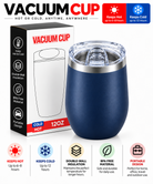Navy blue 12oz vacuum insulated cup with clear sliding lid and packaging
