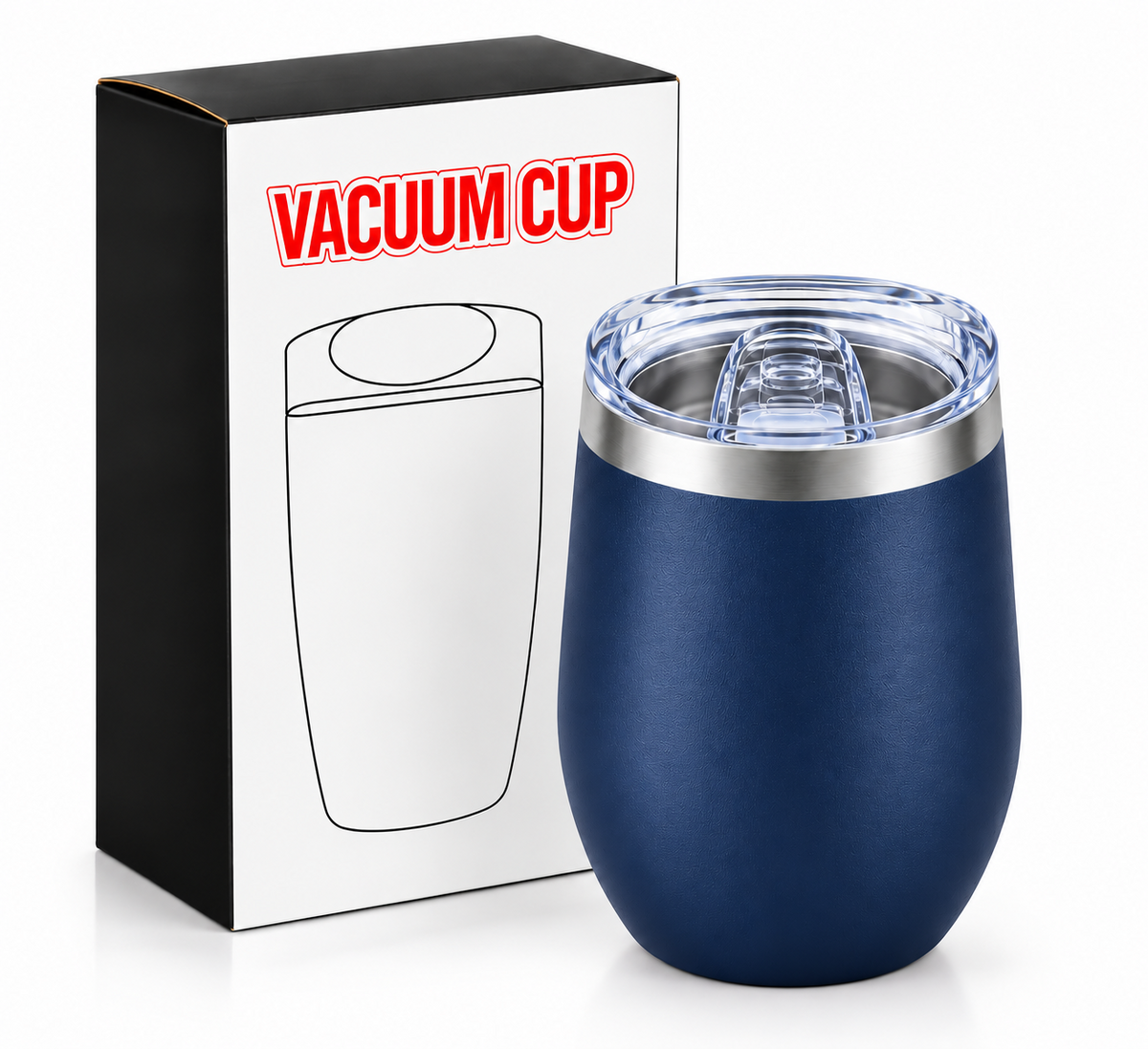 Navy blue 12oz vacuum cup features infographic