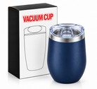 Navy blue 12oz vacuum cup features infographic