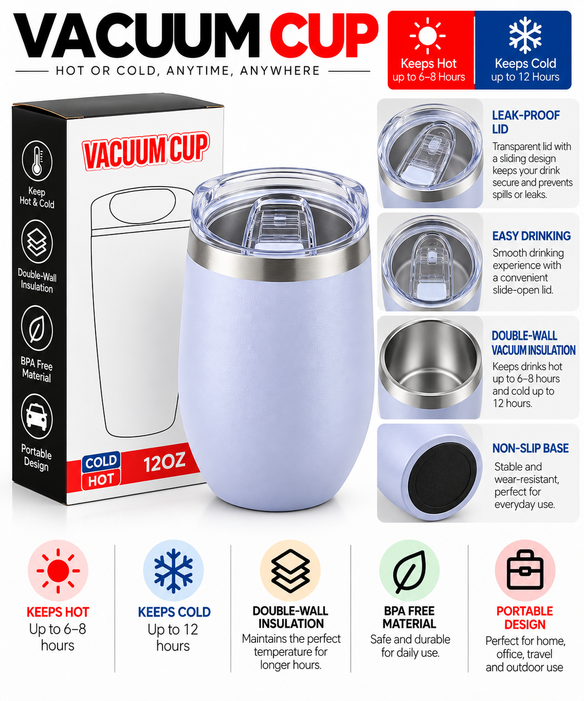 Light blue 12oz insulated vacuum cup with transparent lid and packaging