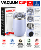 Light blue 12oz insulated vacuum cup with transparent lid and packaging