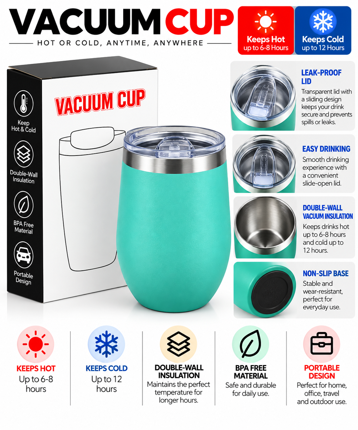 Turquoise 12oz vacuum cup with clear sliding lid and packaging