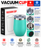 Turquoise 12oz vacuum cup with clear sliding lid and packaging
