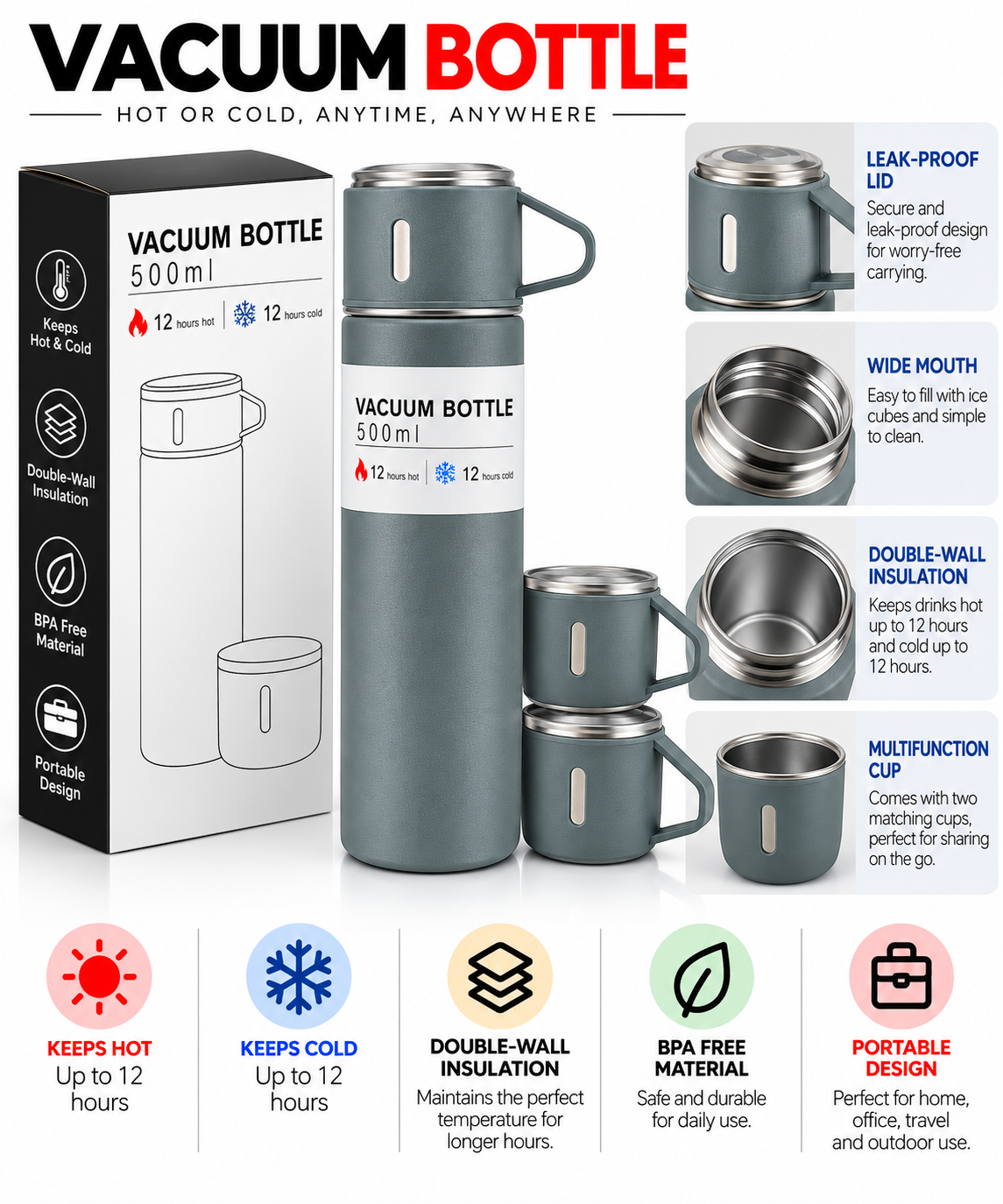 Grey 500ml vacuum bottle with two matching cups and box