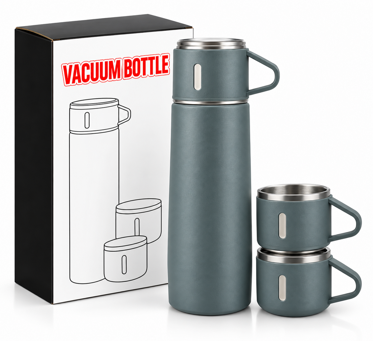 Grey 500ml vacuum bottle features and two cup set
