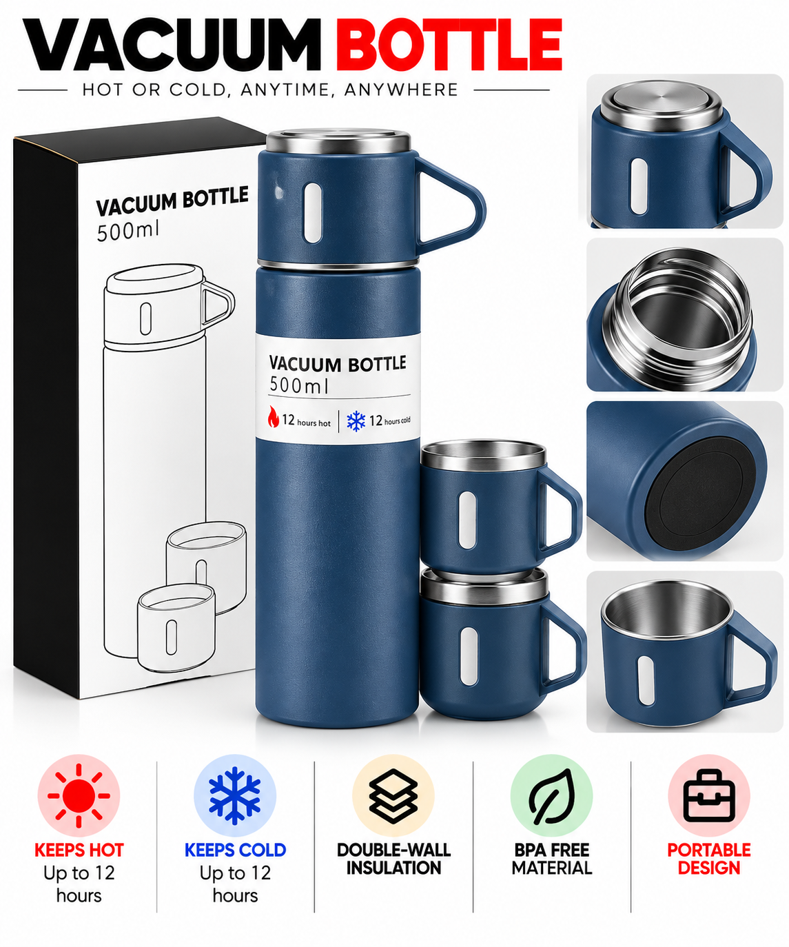 Blue vacuum insulated bottle with two cups and retail box