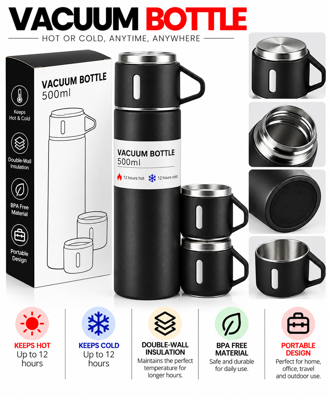 Black vacuum bottle with two matching cups and packaging