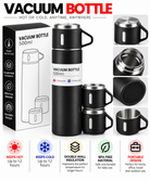 Black vacuum bottle with two matching cups and packaging