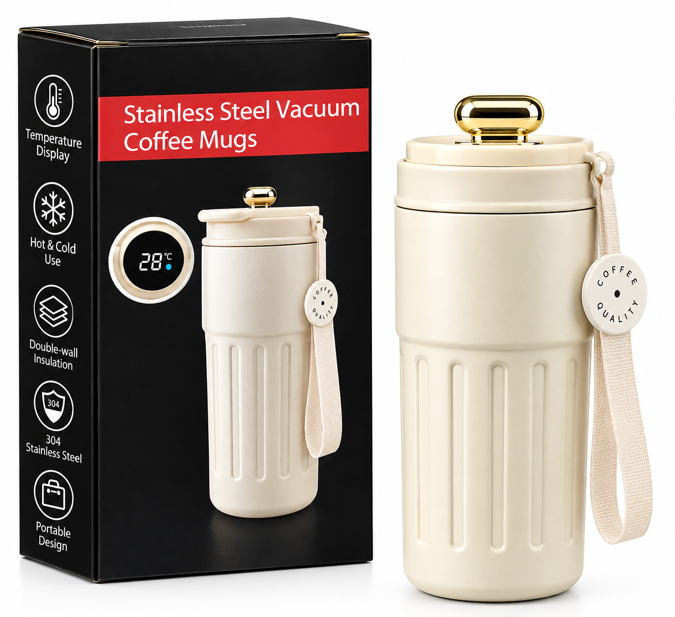 Cream vacuum coffee mug features