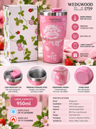 Pink Wedgwood floral tumbler beside floral gift box