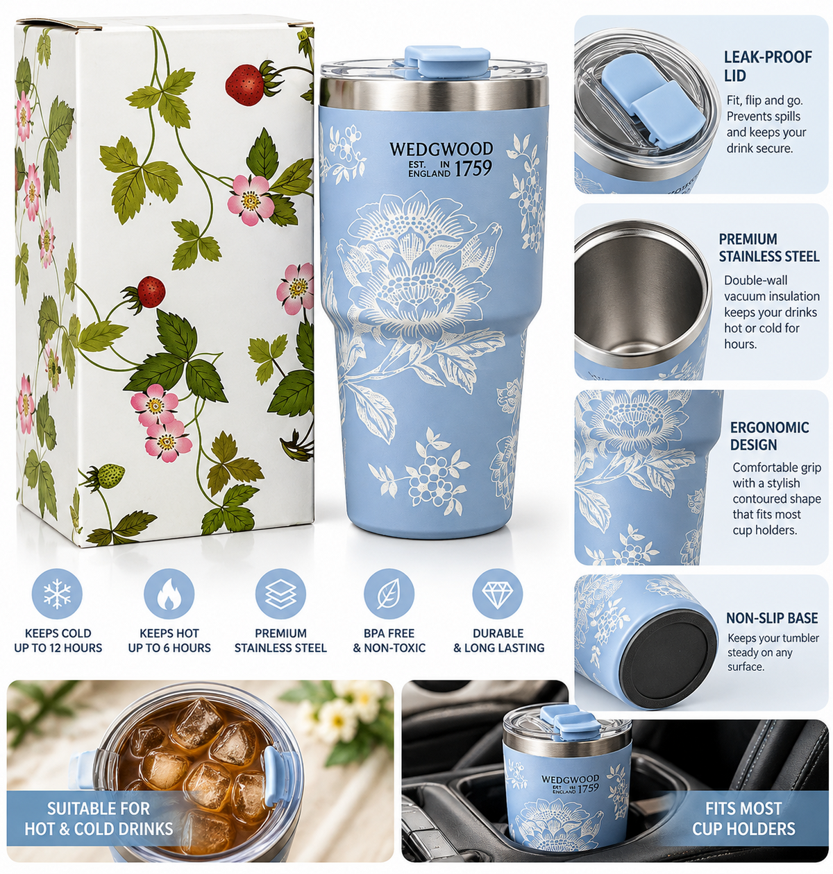 Blue floral Wedgwood travel tumbler and gift box