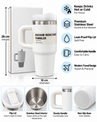 White vacuum insulated stainless steel tumbler features and dimensions