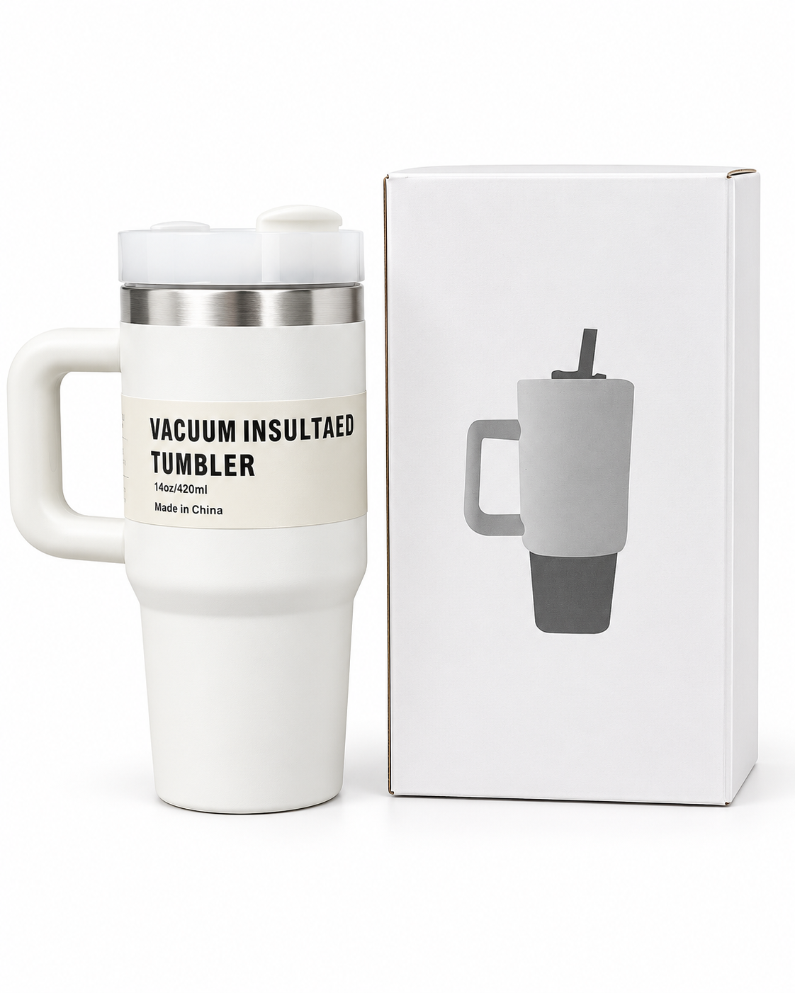 White vacuum insulated stainless steel tumbler with handle and gift box