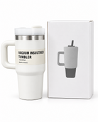 White vacuum insulated stainless steel tumbler with handle and gift box