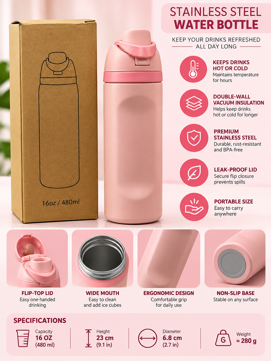 Pink water bottle features and specifications