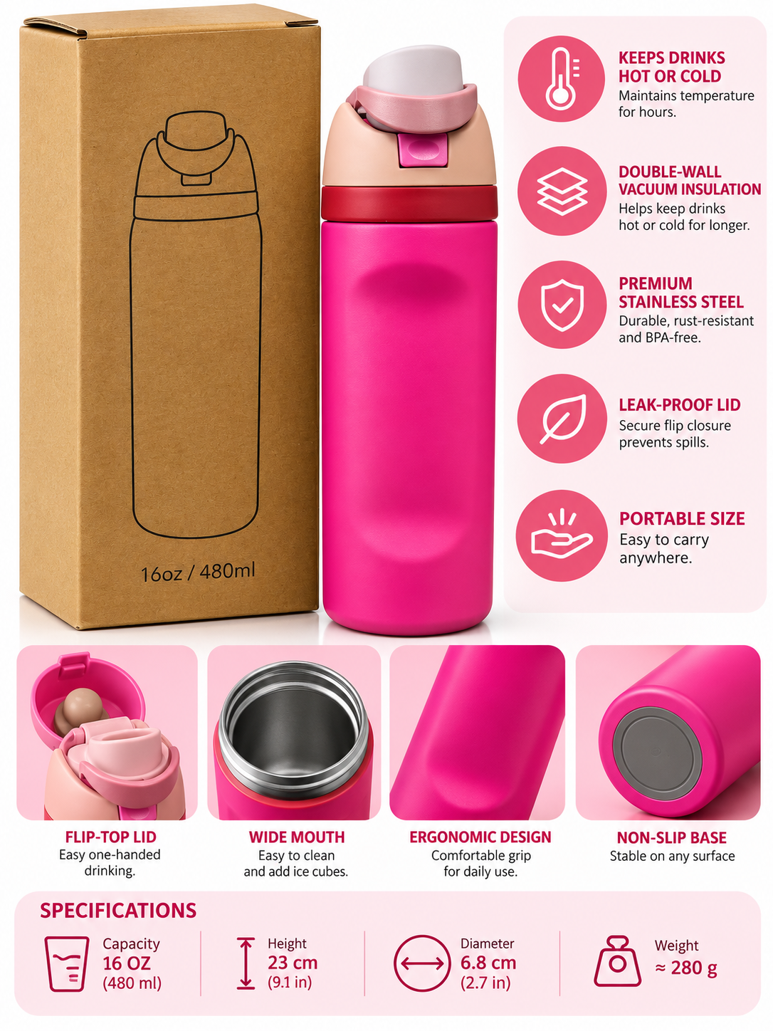 Hot pink insulated water bottle features and specifications