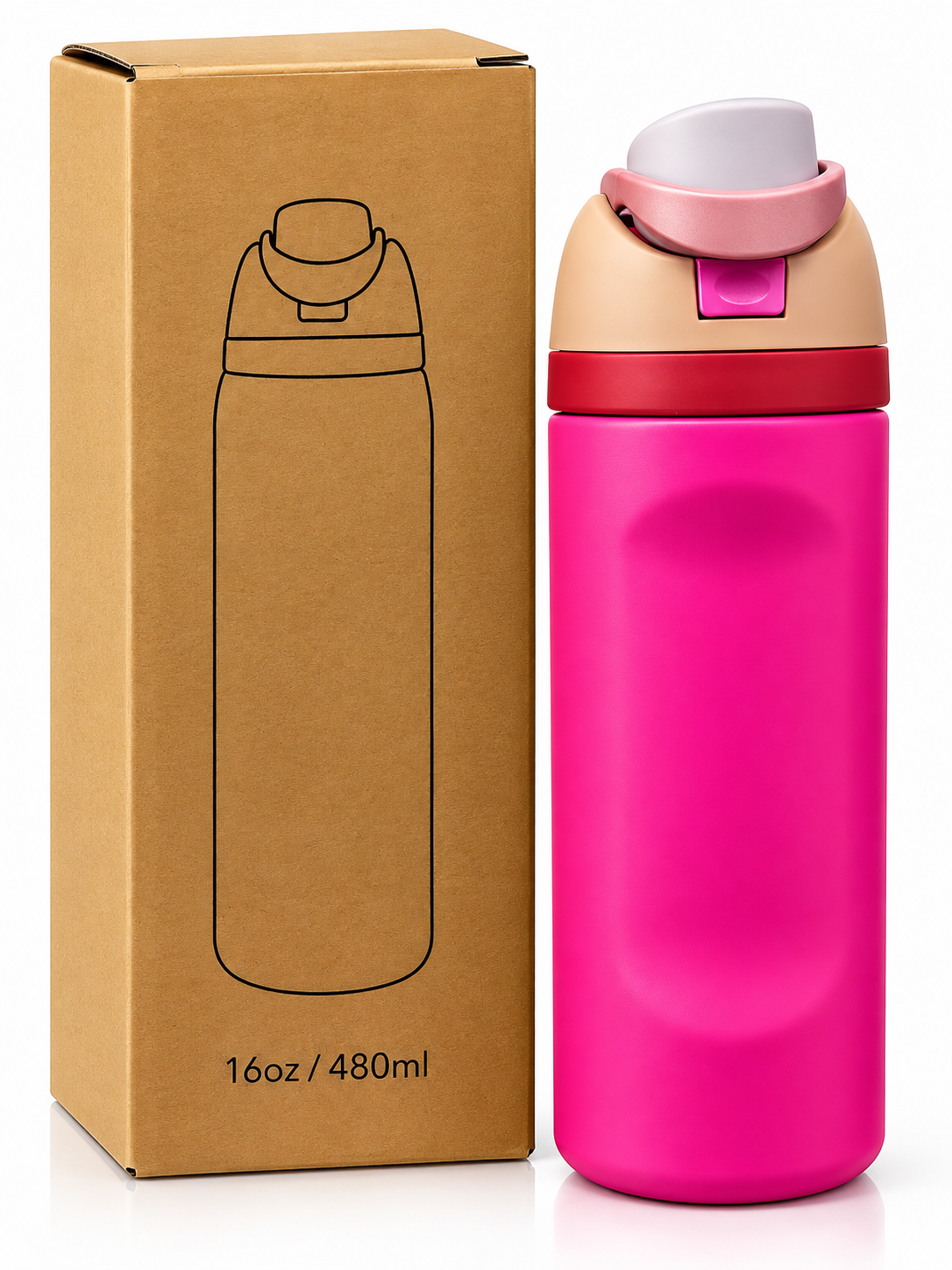 Hot pink 480ml insulated bottle with packaging