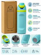 Turquoise insulated bottle features infographic