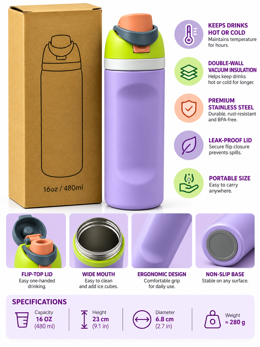 Lavender bottle features and specifications