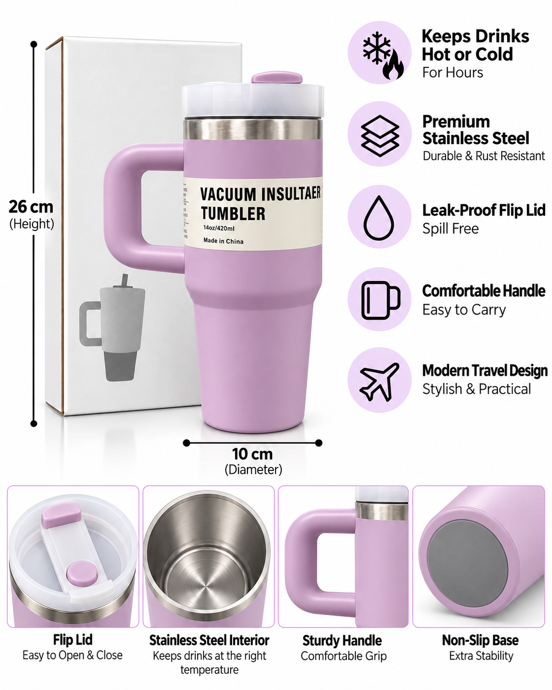 Lilac vacuum insulated stainless steel tumbler features and dimensions