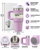 Lilac vacuum insulated stainless steel tumbler features and dimensions