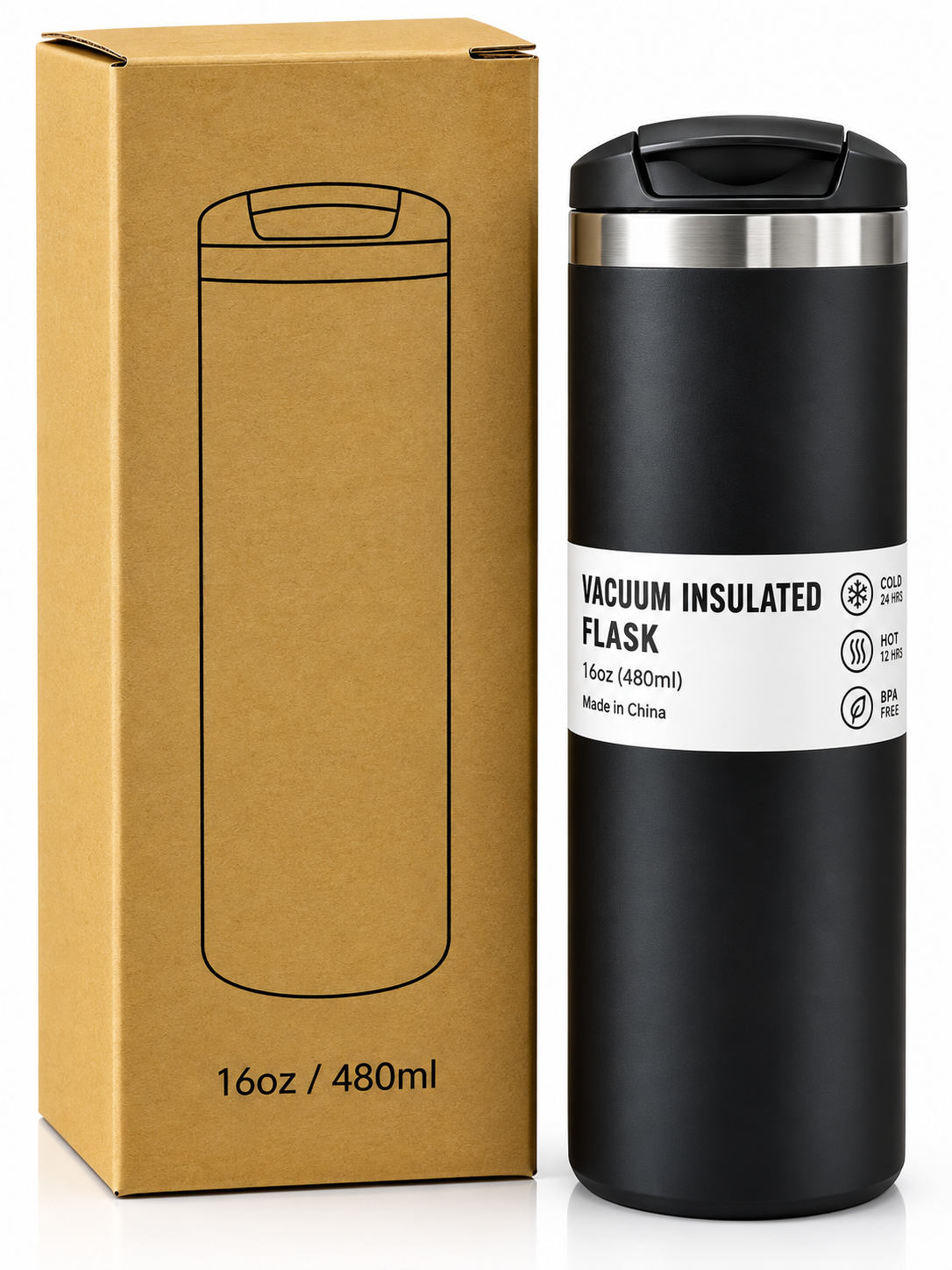 Black vacuum insulated flask 480ml and box