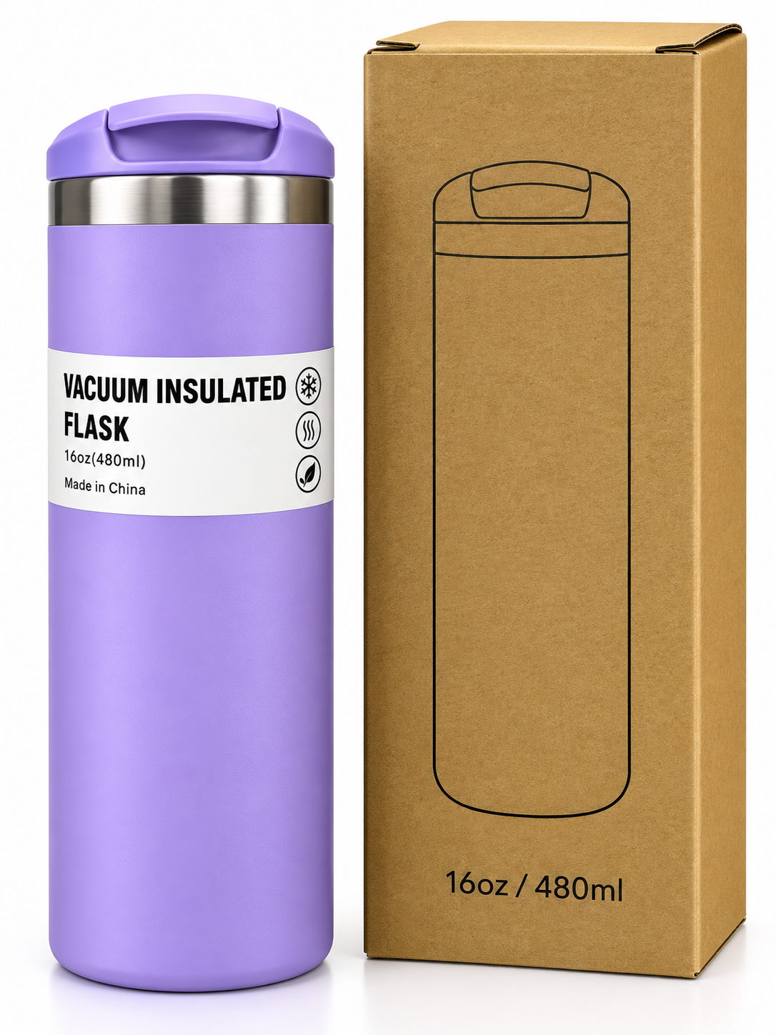 Purple 480ml insulated flask with packaging