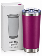 Purple 600ml tumbler features, lid and specifications