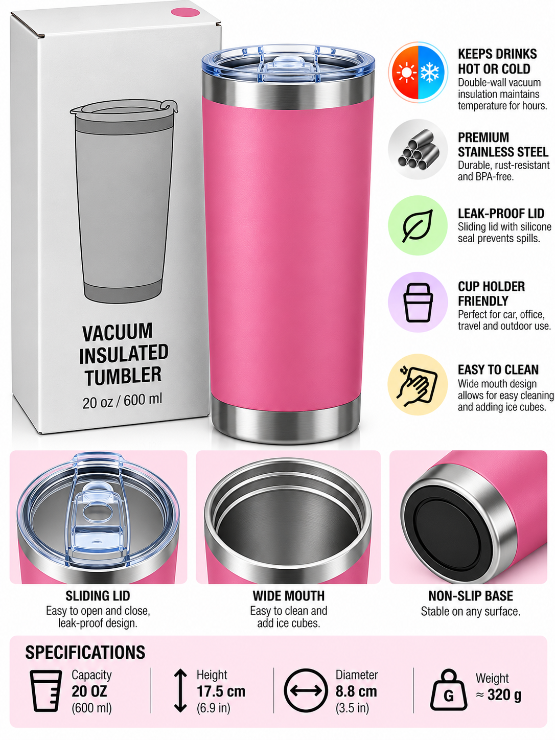 Light pink 600ml tumbler with box