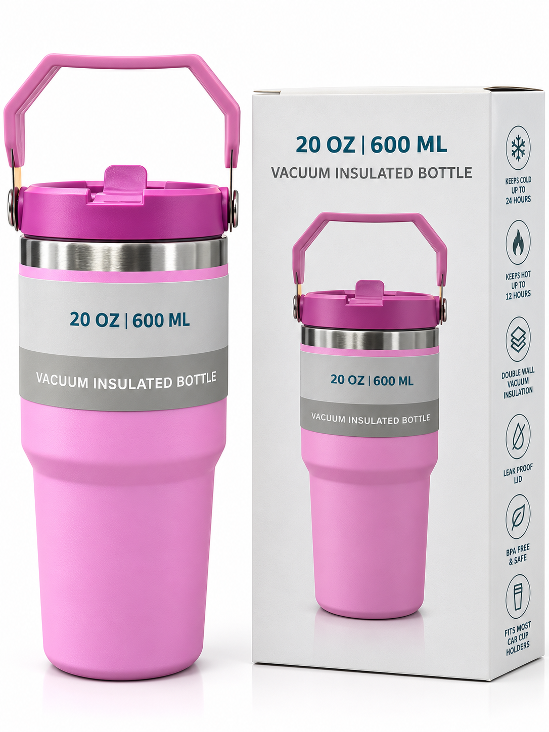 Pink 600ml vacuum insulated bottle and packaging