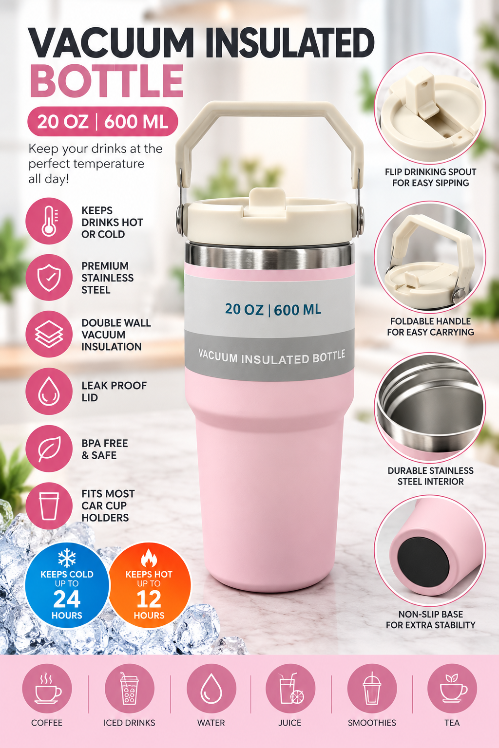 Light pink and cream insulated bottle features