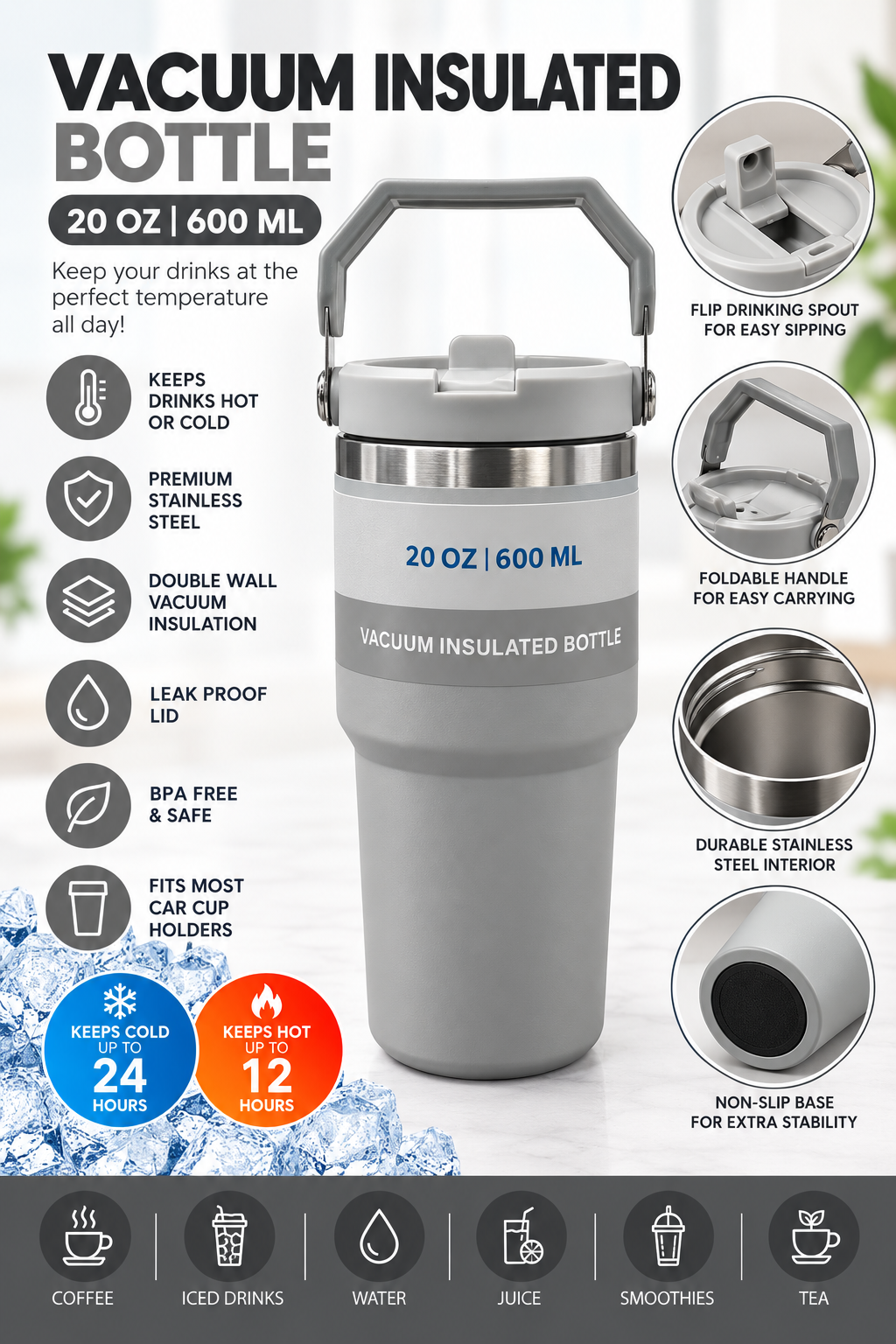 Grey vacuum insulated bottle and box