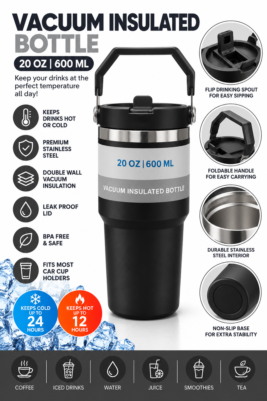 Black insulated bottle and packaging