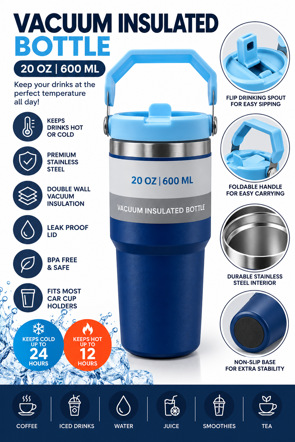 Blue insulated water bottle with packaging