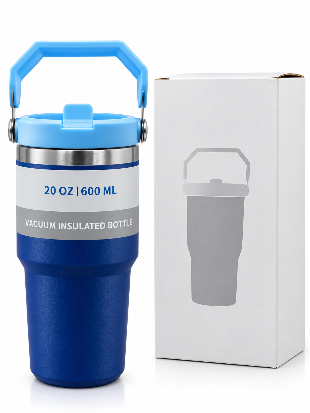 Blue insulated water bottle features