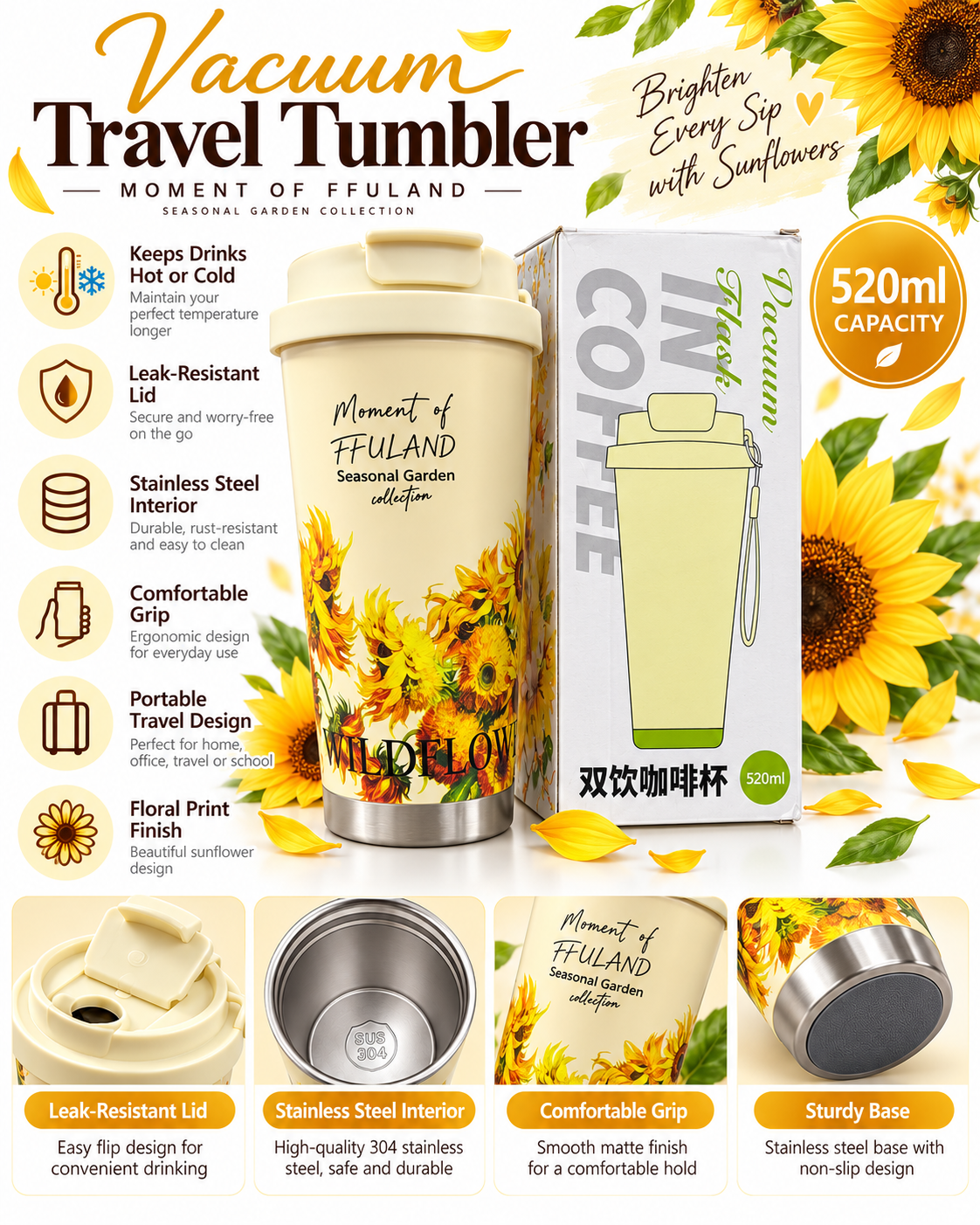 Cream sunflower 520ml vacuum travel tumbler features and details